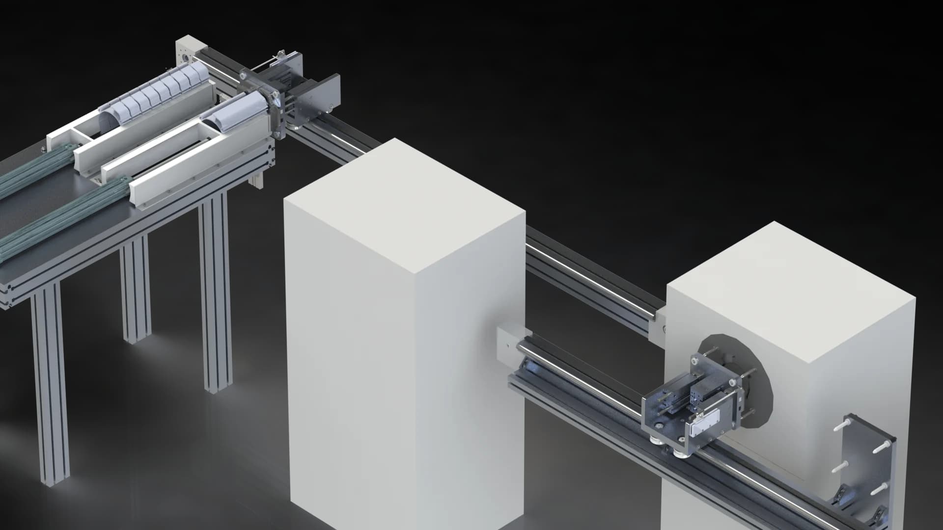 Overall view of the profile deburring line with its feeding table, carrier rail and brushing station.